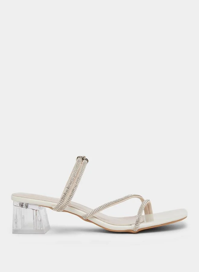 Take Two Beige Rhinestone Block Heel Sandals
